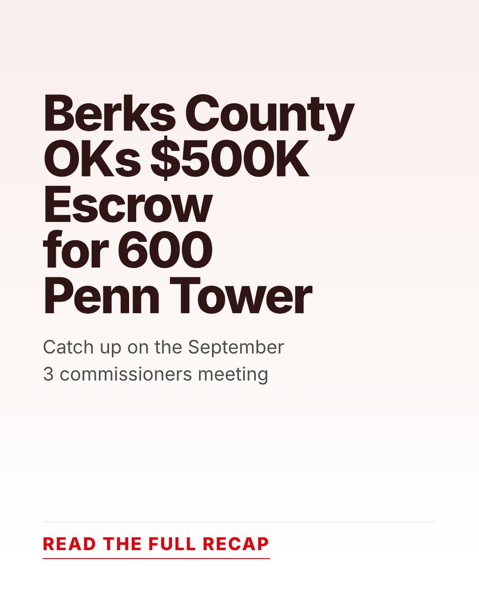 BerksConnect's tweet photo. What the Berks County commissioners did Sept. 3: set aside $500,000 toward the 600 Penn tower and shifted $4.5 million for child and youth costs.

Read the full recap and stay informed about the decisions shaping our community.

1/2 https://t.co/vcmWC4NjfC