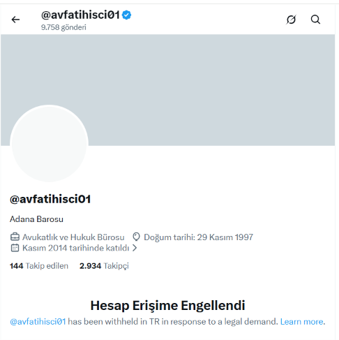 avfatihisci1's tweet photo. Müdafi olarak takip ettiğim süreç kapsamında cezaevi ziyaretim sonrası paylaşım yaptığım için hesabım kapatıldı. 

Türkiye'de hesap kapatmak hiç bu kadar kolay olmamıştır herhalde. 

Ya hukuksuzluk yapmayın ya da bu hukuksuzluğun gündem olmasından rahatsız olmayın. 

@barolar https://t.co/5x6w9NPeax