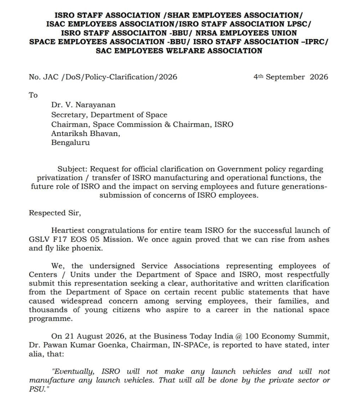ANI's tweet photo. ISRO employees request official clarification on government policy regarding privatisation/transfer of ISRO manufacturing and operational functions, the future role of ISRO, and the impact on serving employees and future generations. https://t.co/UJRbbJUHQO