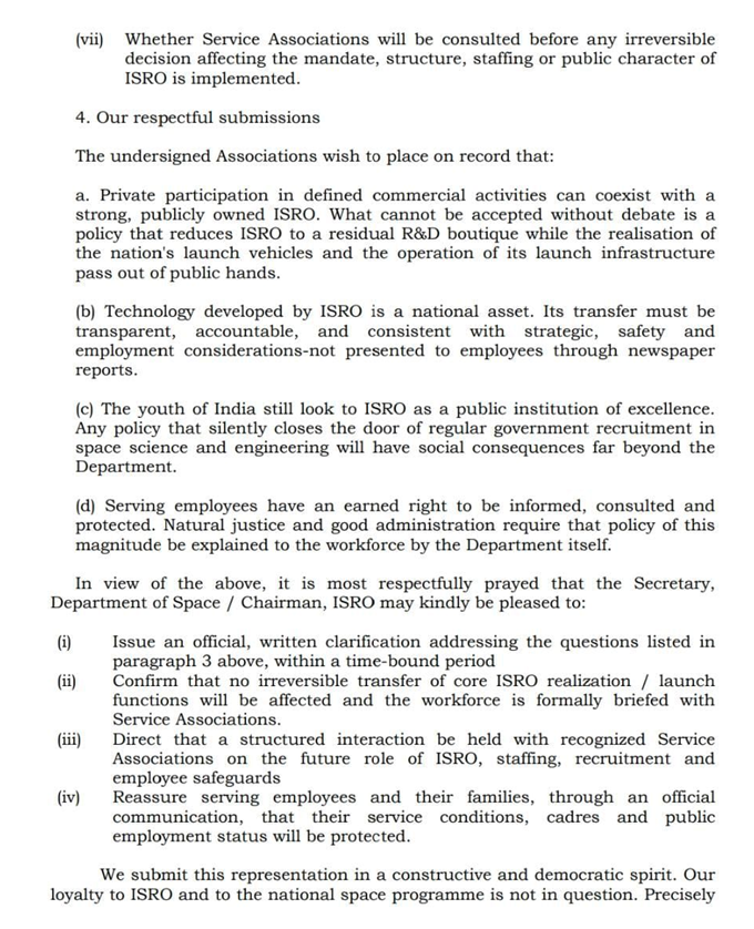 ANI's tweet photo. ISRO employees request official clarification on government policy regarding privatisation/transfer of ISRO manufacturing and operational functions, the future role of ISRO, and the impact on serving employees and future generations. https://t.co/UJRbbJUHQO