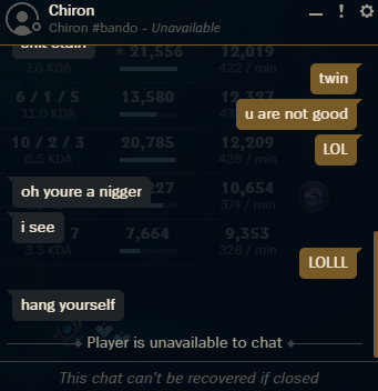 angelicslol's tweet photo. game id - 5636483584 @drewlevin please ban this racist freak bro is on a fresh account for obvious reasons!!! 

hi this guy basically wasn't playing at all and was farming his objectives refusing to do dragons or anything then adds me after game to say this https://t.co/BJyUqJhGt5