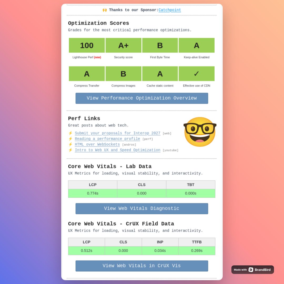 WebPerfReport's tweet photo. ⚡Featured posts this week:
✨ Submit your proposals for Interop 2027: @rachelandrew 
✨ Reading a performance profile: @nucliweb 
✨ HTML over WebSockets: @androsfenollosa 
✨ Intro to Web UX and Speed Optimization: @sergeyche
🙏 Special thanks to the authors! 
#webperf https://t.co/1Xz177whLY