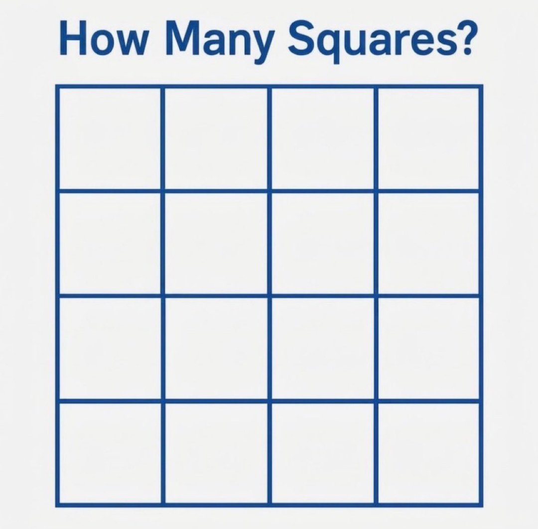 Knightley_22's tweet photo. Everyone keeps saying 10... But they're all wrong

How many squares can you count correctly 🤔 https://t.co/ez9maV23Yc
