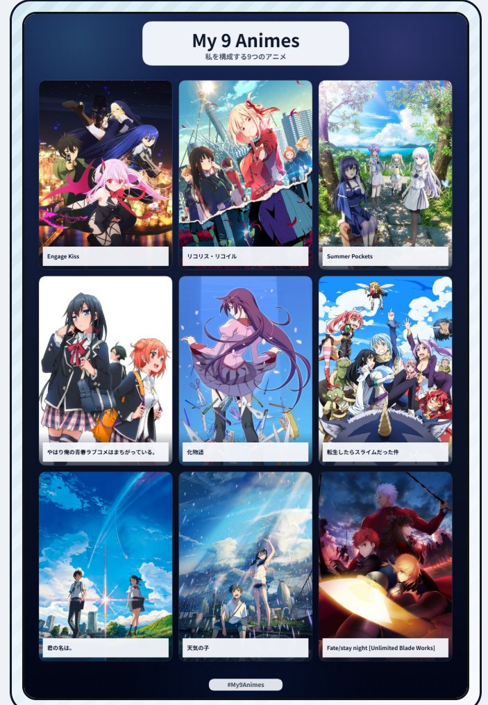 wasabi_157's tweet photo. #私を構成する9つのアニメ
こんな感じになるのか……？
あまりアニメは見なかった人生だからミーハーなのです！！ https://t.co/9zjtzAI6Nq