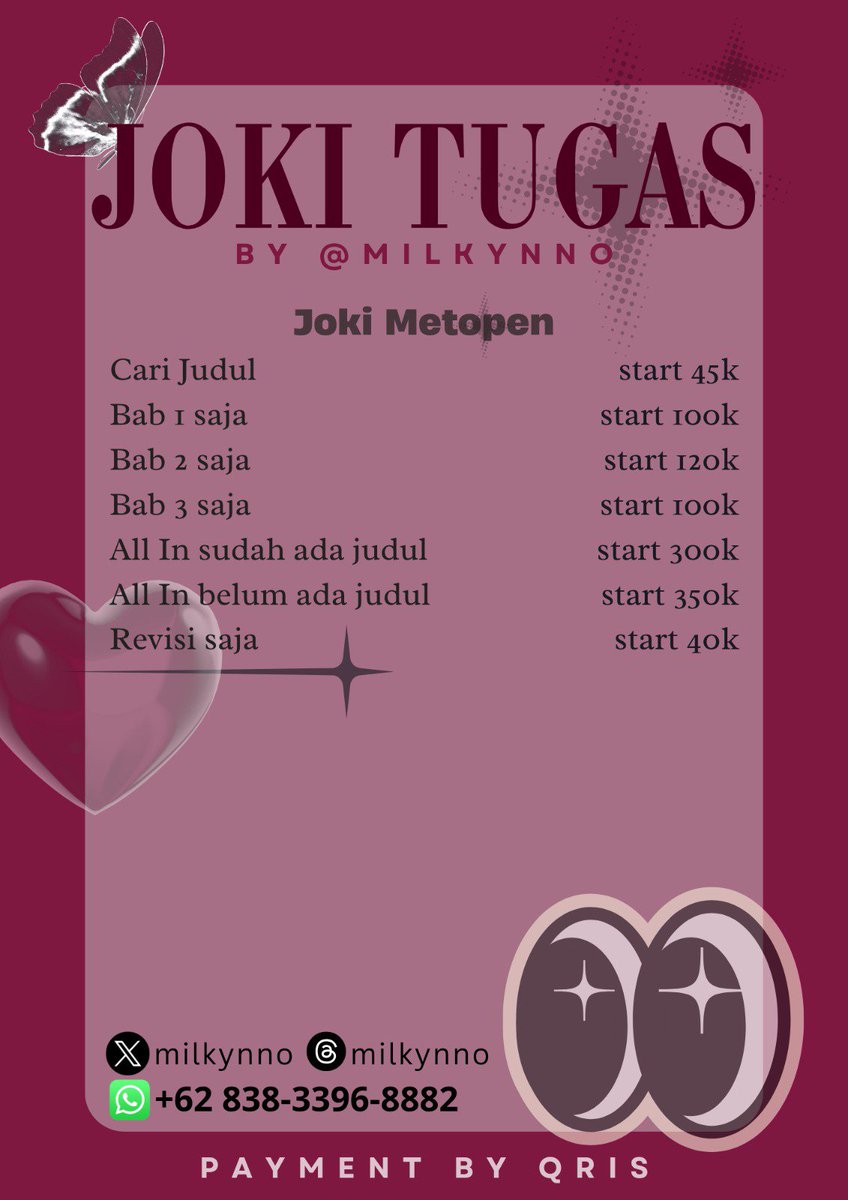 milkynno's tweet photo. OPEN JASA JOKI TUGAS📒📒
FAST RESPON, TRUSTED, CEPAT, TEPAT, DAN AMANAH🫵🏻💯
PAYMENT DIAKHIR BISA QRIS🤑💸
GAK PUAS??? NEGO AJAA😻😻
GASS WHATSAPP https://t.co/16D6uw30Gw
#zonauang #zonajajan #bealanja #jokitugas https://t.co/plpg7ixkMR