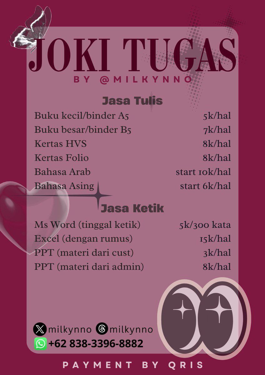 milkynno's tweet photo. OPEN JASA JOKI TUGAS📒📒
FAST RESPON, TRUSTED, CEPAT, TEPAT, DAN AMANAH🫵🏻💯
PAYMENT DIAKHIR BISA QRIS🤑💸
GAK PUAS??? NEGO AJAA😻😻
GASS WHATSAPP https://t.co/16D6uw30Gw
#zonauang #zonajajan #bealanja #jokitugas https://t.co/plpg7ixkMR