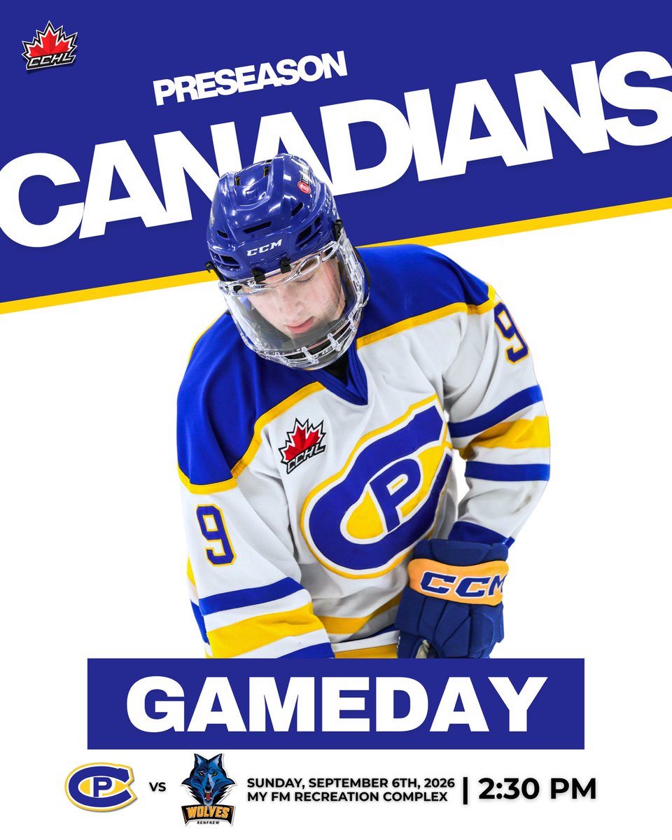 CPCANADIANS's tweet photo. PRESEASON GAMEDAY

The Carleton Place Canadians hit the road for an afternoon matchup with the Renfrew Wolves at 2:30 PM.

🔵🟡🔵
#CPC https://t.co/Bhzctyl6eU