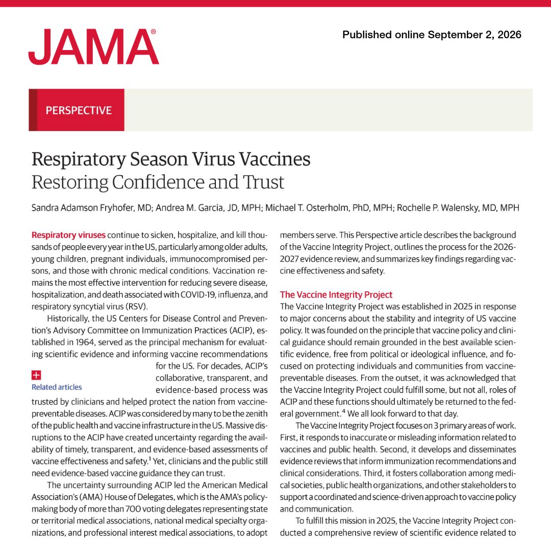 JAMA_current's tweet photo. 🧵 JAMA published three detailed evidence reviews on vaccinations for #influenza, #COVID19, and #RSV. 

Based on the latest peer-reviewed literature and 2025-2026 data, these reviews form the basis of formal 2026-2027 immunization recommendations from @acog, @AmerAcadPeds, @aafp, and @IDSAInfo.

Additionally, JAMA published an accompanying Perspective coauthored by leaders of @AmerMedicalAssn and the Vaccine Integrity Project (@CIDRAP).

🔗 Perspective by Sandra Adamson Fryhofer, MD, Andrea Garcia, JD, MPH, Michael Osterholm, PhD, MPH, and Rochelle Walensky, MD, MPH: https://t.co/z8eWuY9Tos