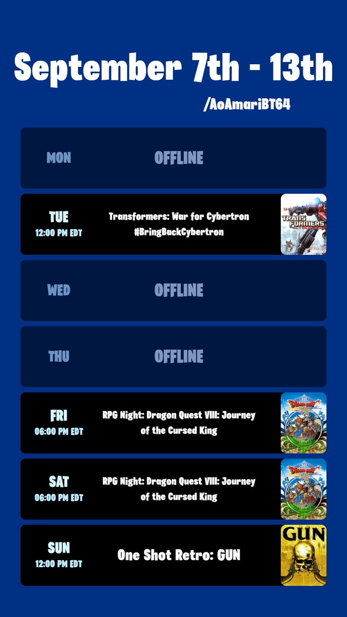 AmariBT64's tweet photo. This is my schedule for September 7th to the 13th! I'm also open to collab! Feel free to message me with your Twitch/YouTube links, and I'll see what you're all about!

#twitchstream #schedule https://t.co/rMc9lUAZUW