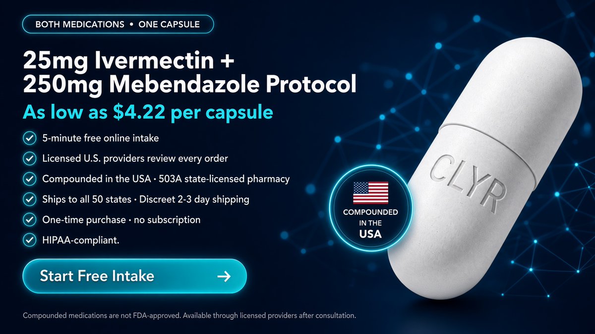 ClyrHealth's tweet photo. Still thinking it over? 
Ivermectin + Mebendazole. 
As low as $4.22 a capsule →