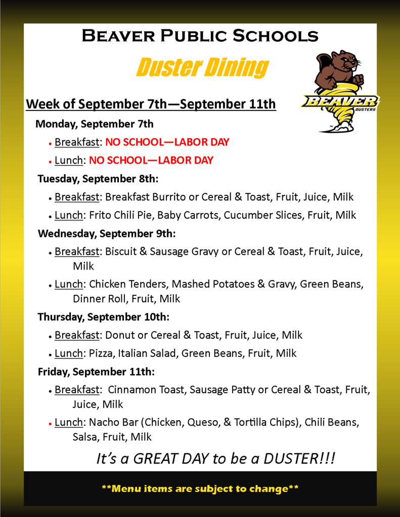 beaver_dusters's tweet photo. Here is the Week at a Glance for September 7th - September 12th! NO SCHOOL on Monday, September 7th for Labor Day! It's always a GREAT week to be a Duster! 🖤💛🌪️ https://t.co/Yyv7qMsa23