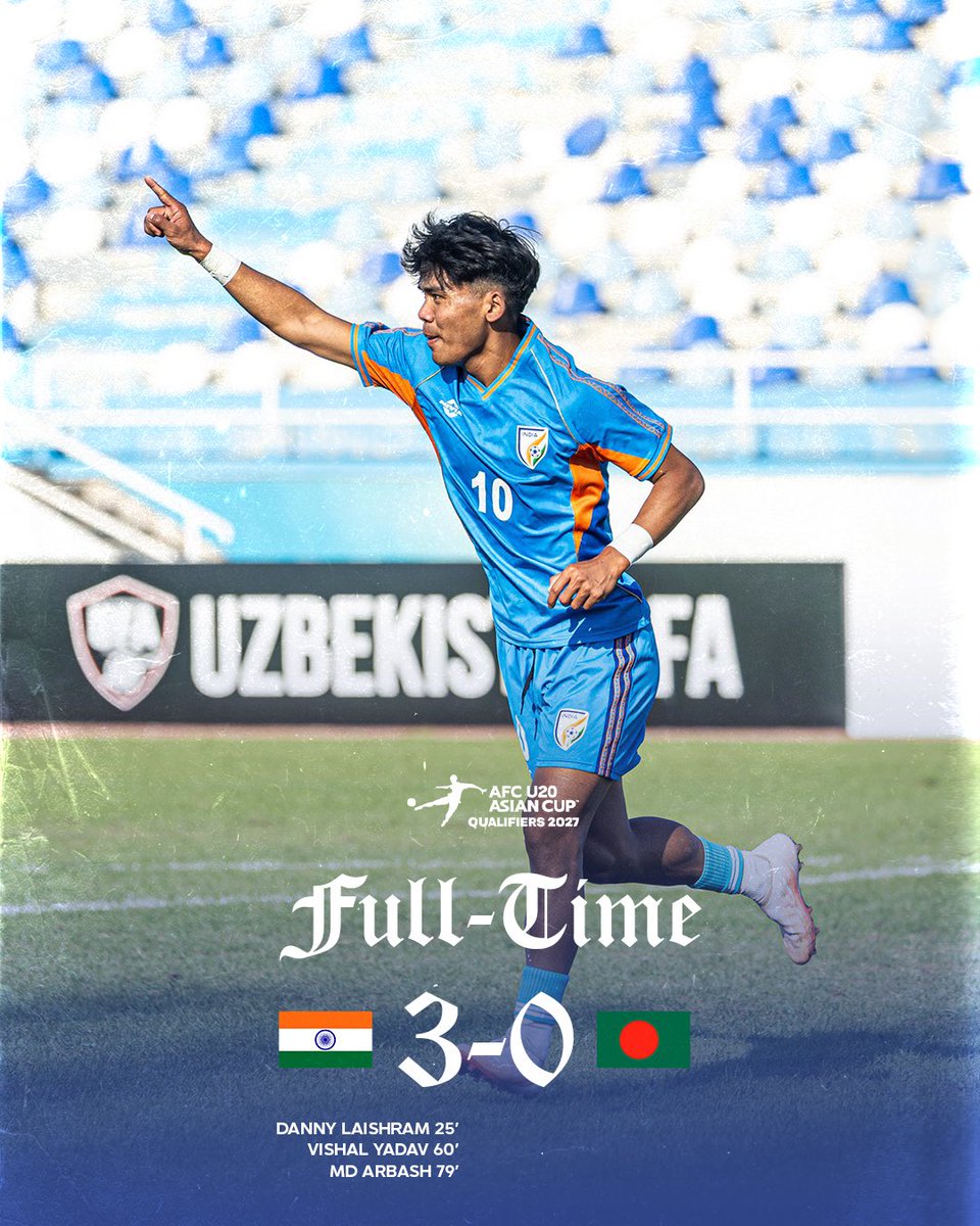 NEUtdFC's tweet photo. Danny Laishram opened the scoring as the #BlueColts sealed a dominant victory over Bangladesh 💪 🇮🇳

Now, the #AFCU20 qualification race hinges on Uzbekistan vs Syria and the remaining results across the groups ⏳

#INDBAN #StrongerAsOne #8States1United https://t.co/0V8T7UoyJz
