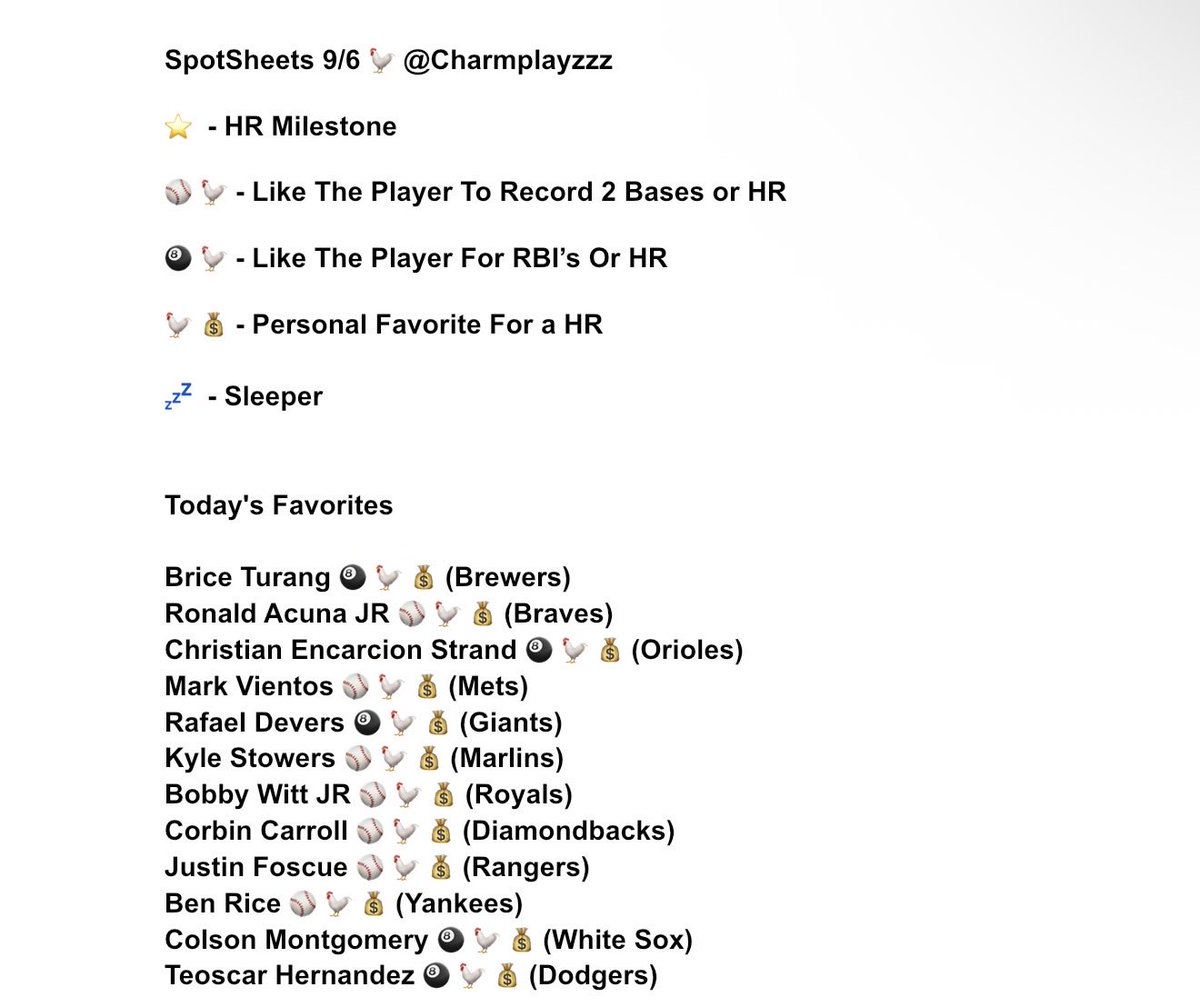 Charmplayzzz's tweet photo. SpotSheets 9/6 🐓⭐️

DISCLAIMER: These are NOT just sheets for Home Runs. Use the Names to Attack Bases, Hits &amp; More! Attack ALL Markets! ⚾️

Drop your tickets if you cook anything up from the sheets!!

Value + Sleepers Are in The Thread ⬇️

LETS CASH! 🐓⭐️

#GAMBLINGX https://t.co/UChOTCUsHu