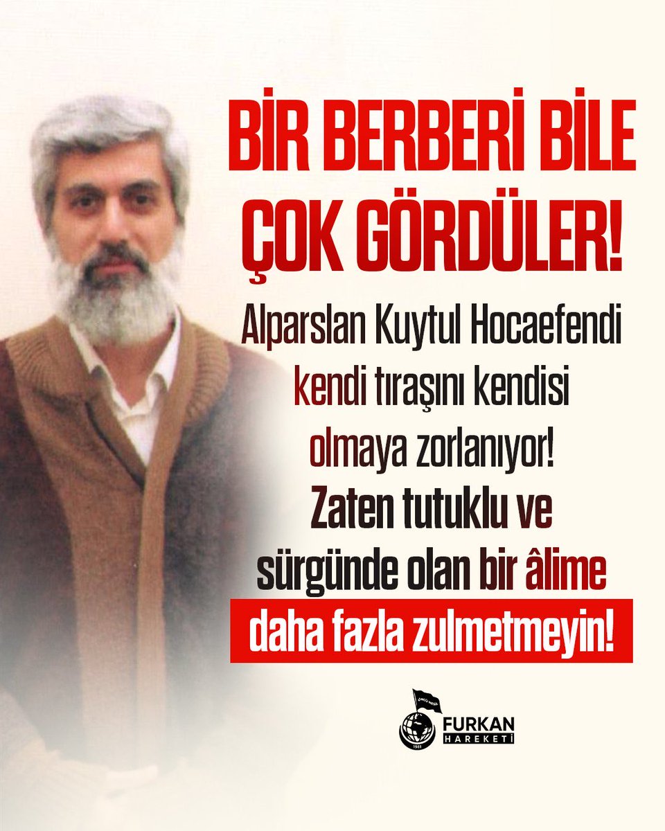 Susmayacaz33's tweet photo. BİR BERBERİ BİLE ÇOK GÖRDÜLER!

Alparslan Kuytul Hocaefendi kendi tıraşını kendisi olmaya zorlanıyor! Zaten tutuklu ve sürgünde olan bir âlime daha fazla zulmetmeyin!

Cezaevinde KötüMuamele
AlparslanHocaya Zulüm https://t.co/neYo04M6TJ