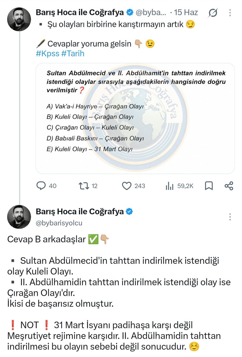 bybarisyolcu's tweet photo. Bir dönem böyle tarih soruları paylaşıyordum arada. Sonra bazı arkadaşlar "hocam sen işine bak, boş ver tarihi" dedi. 
Paylaştığım soru ve özellikle açıkladığım kısım doğrudan sınavda çıkmış. 
Neyse , ben işime bakayım 😉
#ösym #kpss https://t.co/B0Y7lUsHX3