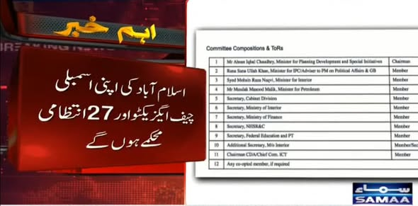SAMAATV's tweet photo. ملک میں نئے صوبوں اور انتظامی یونٹس کے قیام کی بحث جاری ہے اور حکومت نے سب سے پہلے اسلام آباد کو نئے انتظامی ماڈل میں ڈھالنے کی تیاریاں تیز کردی ہیں جبکہ اس حوالے سے اعلیٰ سطح کی کمیٹی نے مجوزہ ڈرافٹ وزیراعظم کو پیش کردیا ہے۔

اسلام آباد کی اپنی اسمبلی ، چیف ایگزیکٹو اور 27 انتظامی محکمے ہوں گے، اسمبلی کے 21 ارکان براہ راست عوام کے ووٹ سے منتخب کرنے  اور قومی اسمبلی کے ہر حلقے سے اسلام آباد اسمبلی کی 7 نشستیں رکھنے کی تجویز پیش کی گئی ہے۔

خواتین کیلئے 5 اور اقلیتوں کے لیے ایک نشست مختص کرنے کی سفارش کی گئی ہے۔

اسلام آباد کے چیف ایگزیکٹو کیلئے وزیر اعلیٰ یا میئرکاعہدہ رکھنے اور شہر کے 27 انتظامی محکمے اسلام آباد حکومت کے ماتحت رکھنے کی تجویز پیش کی گئی۔

صحت ، تعلیم ، ماحولیات اور شہری سہولیات مقامی حکومت کی ذمہ داری ہوگی۔
#SamaaTV