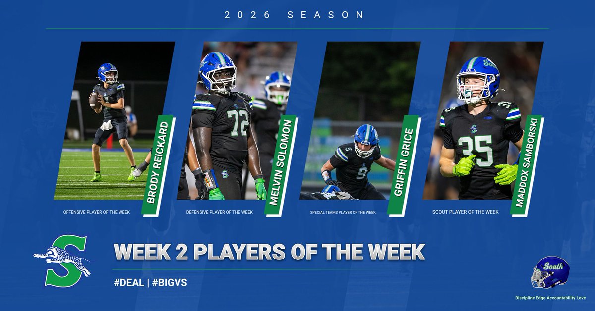 JaguarsBss's tweet photo. Congratulations to our Week 2 Players of the Week! 🐆🏈

Offense: Brody Reickard Defense: Melvin Solomon Special Teams: Griffin Grice
Scout: Maddox Samborski 

#DEAL | #BIGVS https://t.co/R5d2jDSoH5