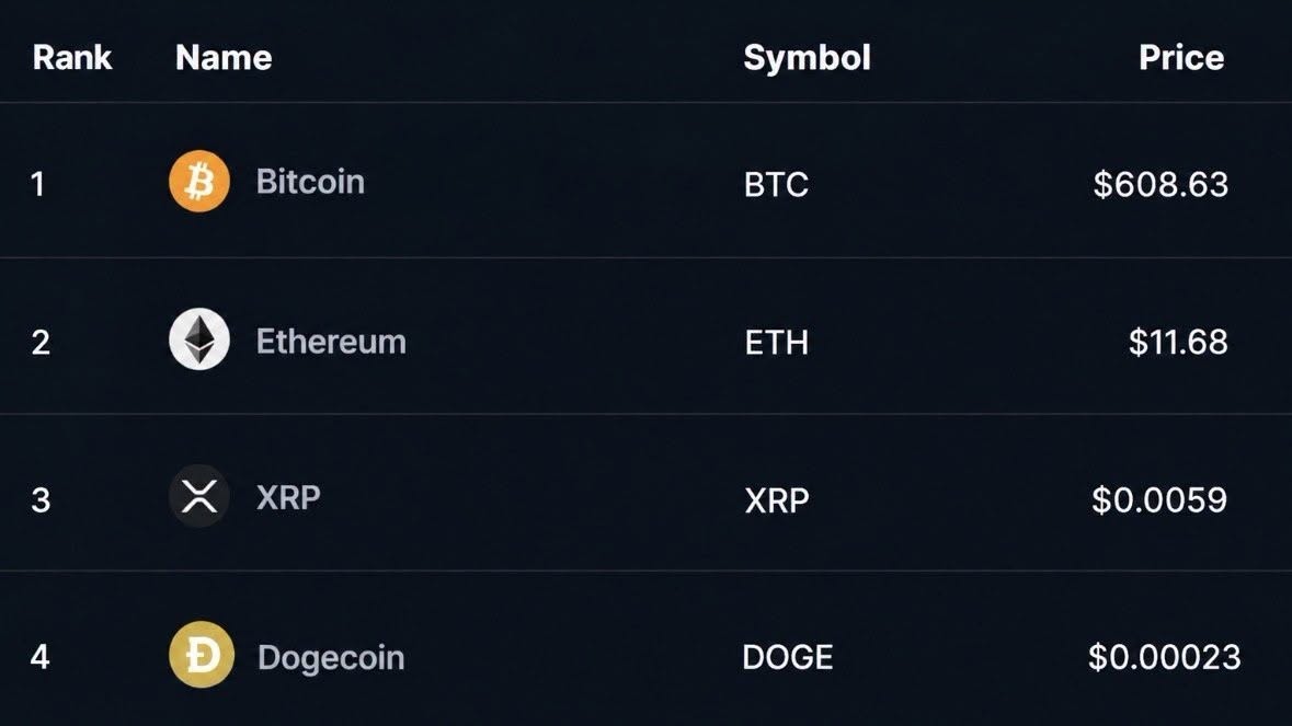 0xZuel_Web3's tweet photo. Crypto prices exactly 10 years ago. https://t.co/2yh9c327QC