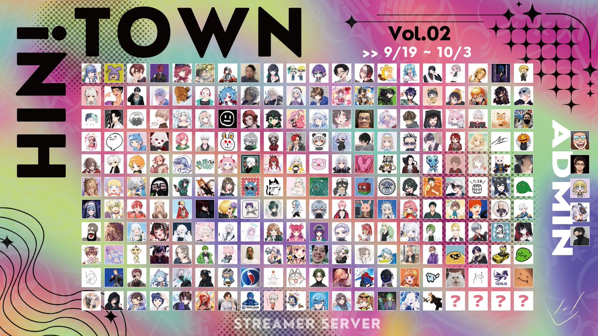 hin_kikaku's tweet photo. ⋱ #Hintown vol.02 参加者発表😎🎉 ⋰

9/19 - 10/3まで開催されます、ストリーマーサーバーのHintown vol.02の参加者の皆さまを発表いたします！

参加者の皆さまにも、配信を見てくださる皆さまにも、Hin!townでたくさんの「楽しい！」を感じていただけるよう、運営・サポート一同も全力で盛り上げてまいりますので、ぜひお楽しみに🥳✨

本当に沢山のご応募、誠にありがとうございました。
#ストリーマーサーバー #ヒンタウン