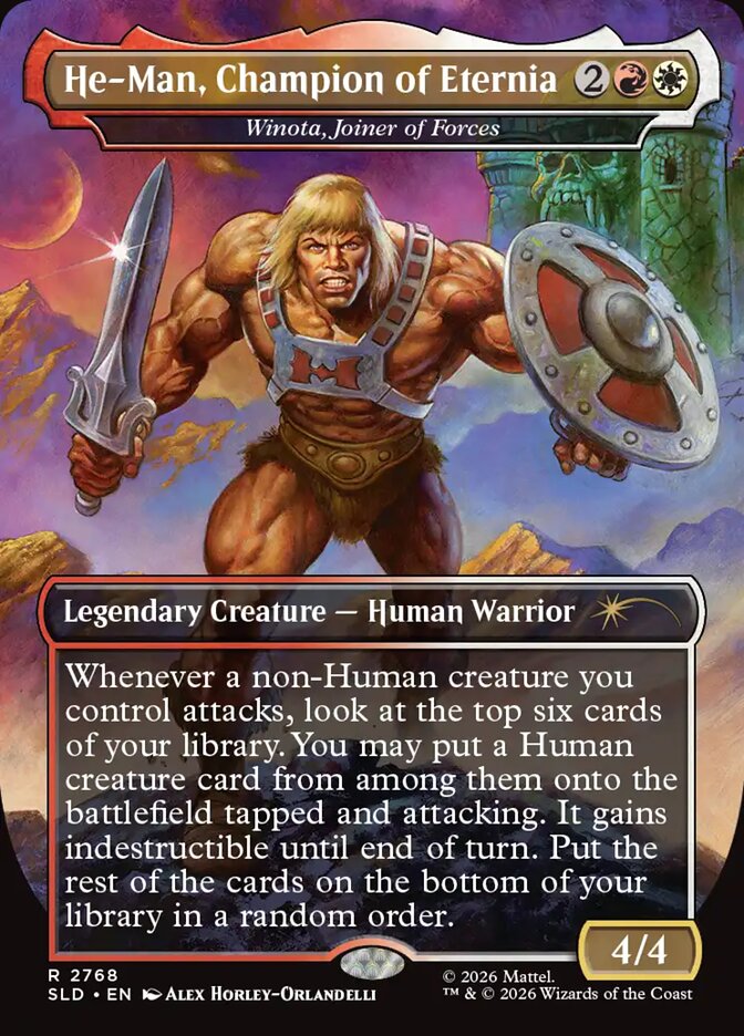 ManaSpawnx's tweet photo. Secret Lair × Masters of the Universe drops Sep 14 — He-Man = Winota, Skeletor = Tinybones. MSRP $29.99 nonfoil / $39.99 foil each (5 drops). Rule 0 these into your pod? #MTG #SecretLair #Commander #MastersOfTheUniverse https://t.co/khGAh06QxS