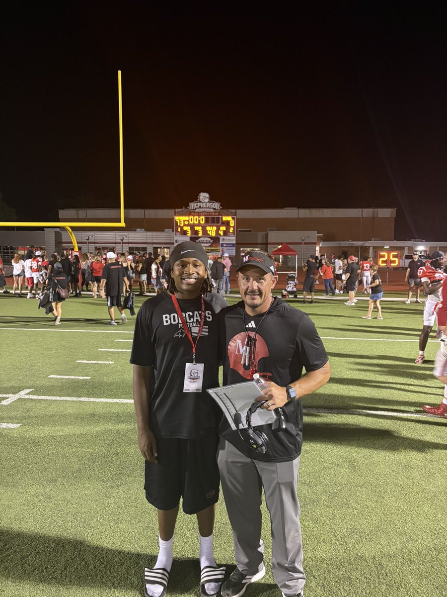 Loganp_2027's tweet photo. Had a great time in Mcpherson, Kansas yesterday on my official gameday visit! The atmosphere was unbelievable, amazing coaching staff and facilities too! The bulldogs put up 73 in the home opener! @MAC_Bulldogs @MACBulldogsFB @CoachJFisc @CoachLeppke @CoachJenk1 @BCBobcatsFB https://t.co/MNeFMkUWyp