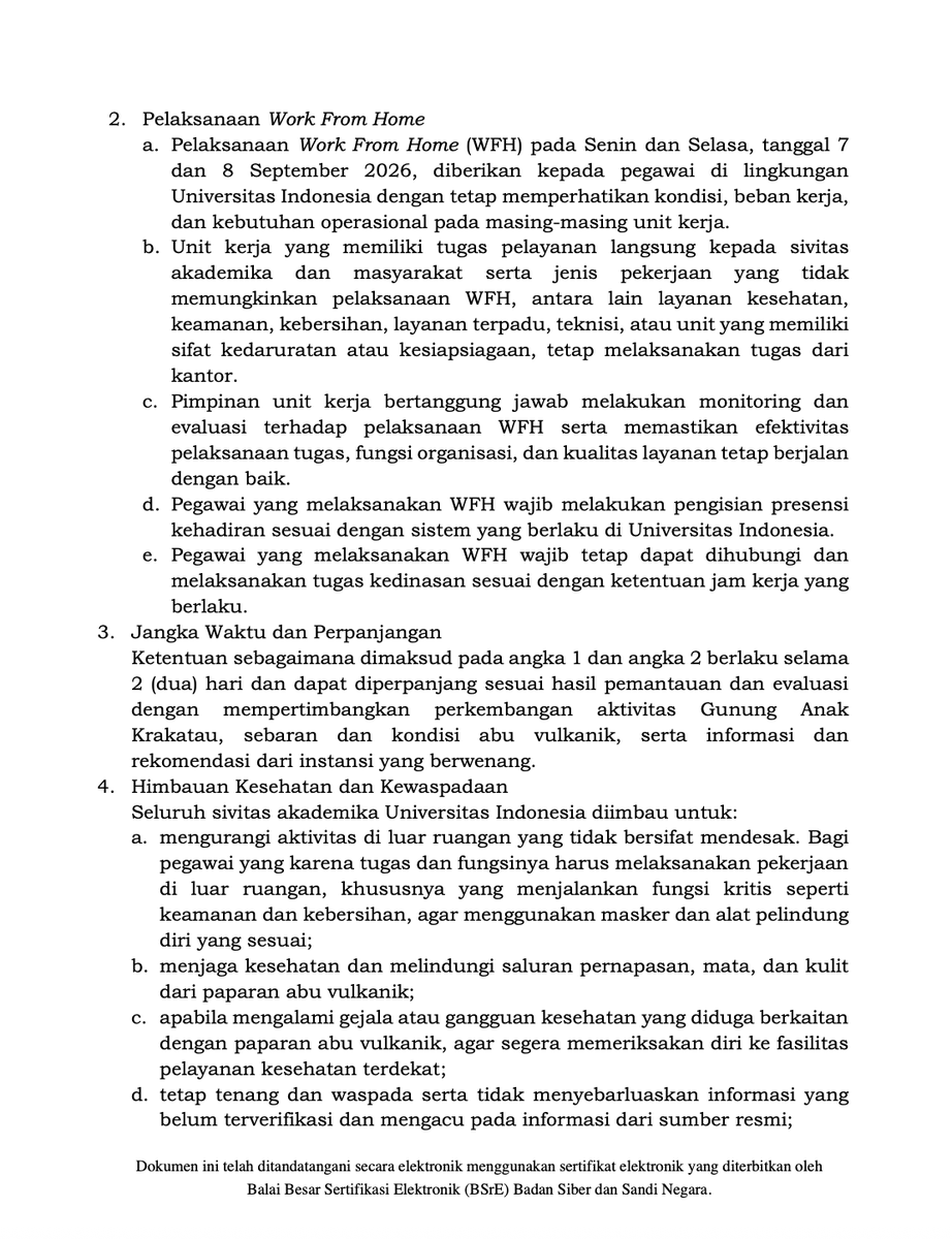 tfunivindonesia's tweet photo. [JUST IN]  

The Universitas Indonesia Rectorate has issued a directive for remote learning (PJJ) and work-from-home (WFH) arrangements from September 7 to 8, 2026 https://t.co/MtzICbIlHA