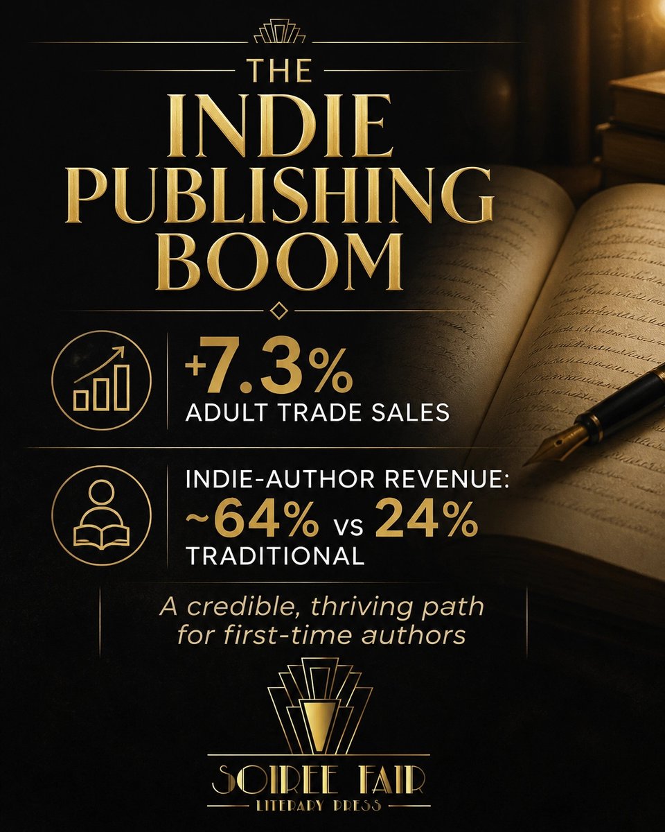 SoireeFair's tweet photo. Indie publishing is thriving: adult trade sales at indie presses rose 7.3%, while indie-author revenue grew ~64% vs. 24% traditionally. Your path is credible. We can help. #SoireeFairLiteraryPress https://t.co/R266BWqz2x
