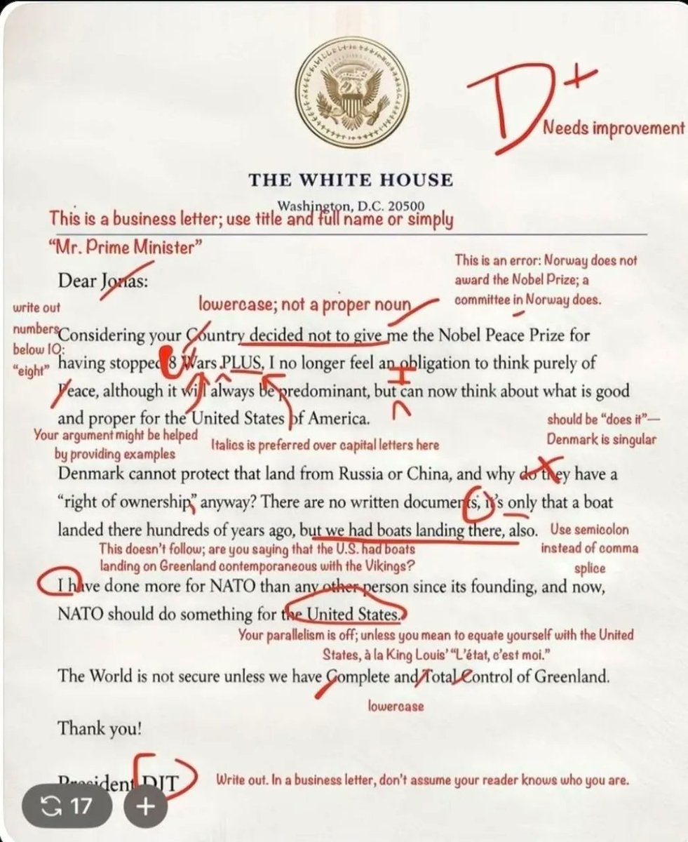 otrevlanauh's tweet photo. La primera ministra de Noruega le hace unas pequeñas correcciones a la carta de Donald Trump. El pedófilo es un maldito analfabeta funcional. https://t.co/RnkKa4nsob