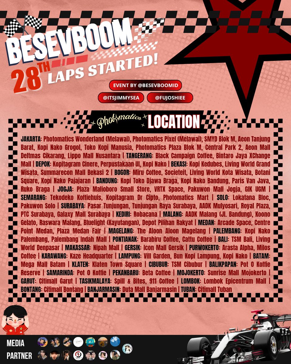 Fujoshiee's tweet photo. @besevboomID @itsjimmysea @besevboom @selfietimeid 🏁🏆 𝘽𝙤𝙤𝙢 28𝙩𝙝 𝙇𝙖𝙥𝙨 : 𝙇𝙚𝙩 𝙩𝙝𝙚 𝙍𝙖𝙘𝙚 𝘽𝙚𝙜𝙞𝙣! 🏁🏆
It's race week!🚦Make a pit stop at our special photobooth frame by @besevboomID @itsjimmysea @Fujoshiee
📅 21 Sept & 1 - 7 Oct 2026
📍 @photomaticsid (detail on poster)
#Boom28thLaps #Besevboom https://t.co/K9XMYxFTrG