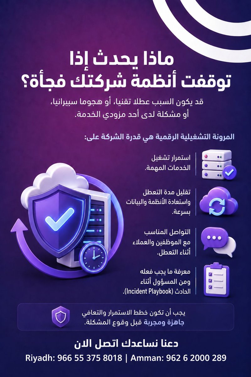cryptika's tweet photo. قد تتوقف الأنظمة في أي وقت، لكن الاستعداد الجيد يصنع الفرق. وجود خطة واضحة يساعد الشركة على استمرار خدماتها، وتقليل مدة التوقف والتعطل، واستعادة الأنظمة والبيانات بسرعة.
.
قم في زيارة موقعنا: https://t.co/eSDkS4gZDa
#المرونة_التشغيلية #استمرار_الأعمال #التعافي_من_الكوارث https://t.co/5ceRYT8oPz