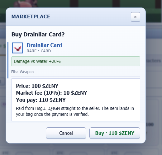 sayhell02912845's tweet photo. This looks like a solid cheap pickup 👀🔥

Drainliar Card gives +20% damage vs Water, and it only costs 110 ZENY including the market fee. Definitely worth considering for a weapon card slot, especially if you’re farming Water-type mobs in @IdleROGame. ⚔️💧

#IdleRO https://t.co/DJ1TdSIWXh