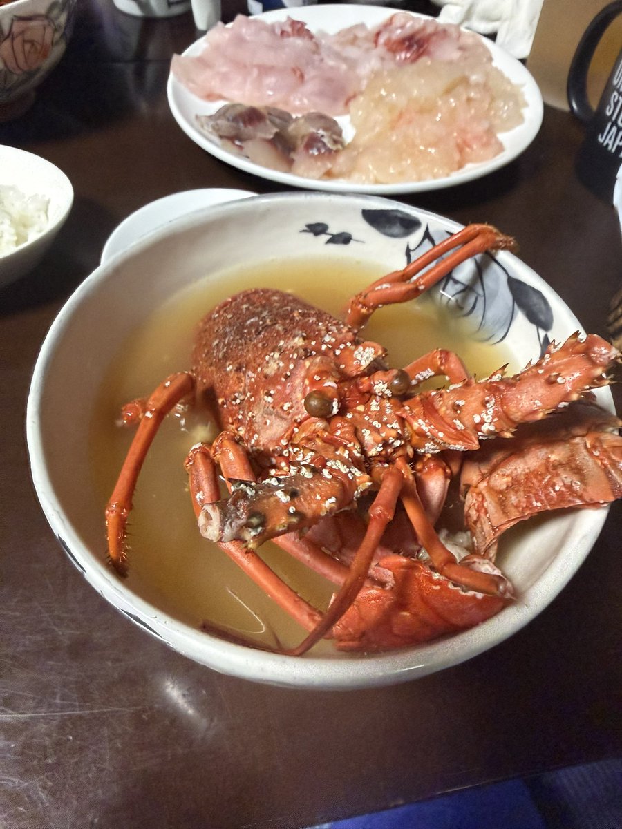 FlowerMomizi's tweet photo. マハタ、伊勢海老、イサキとウッカリカサゴ、ムロアジは酢締め。そして伊勢海老の味噌汁。竿折ったけど豪華なご飯。 https://t.co/2kPGUkIAB4