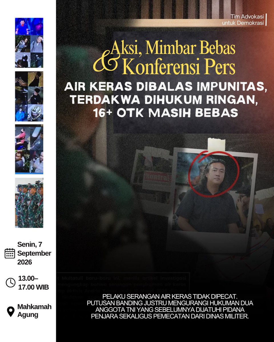 LBH_Jakarta's tweet photo. UNDANGAN AKSI, MIMBAR BEBAS, DAN KONFERENSI PERS

Air Keras Dibalas Impunitas, Terdakwa Dihukum Ringan, 16+ OTK Masih Bebas

Putusan banding terhadap empat anggota TNI pelaku serangan air keras terhadap Andrie Yunus justru mengurangi hukuman. Dua terdakwa batal dipecat dari https://t.co/qZGHry3s5P
