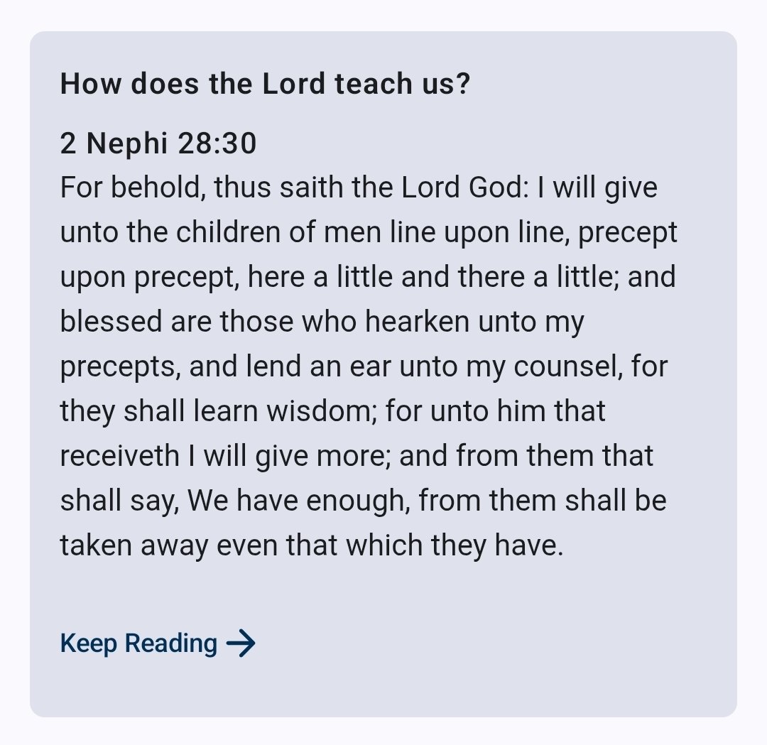 AdamNicholes's tweet photo. How does the Lord teach us?
2 Nephi 28:30
#bookofmormon
#VerseOfTheDay
@Ch_JesusChrist https://t.co/li7mGycl3I