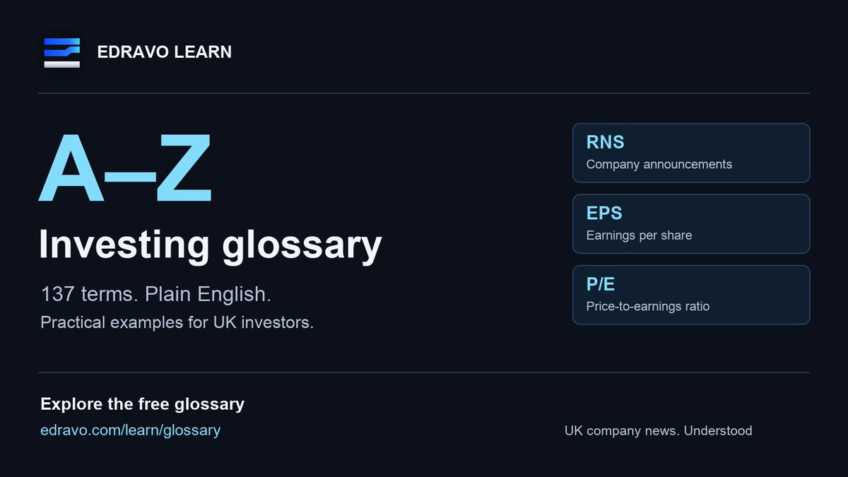 EdravoCom's tweet photo. RNS. EPS. P/E. Investing comes with a lot of jargon.

Our free A–Z glossary explains 137 investing terms in plain English, with practical examples for UK investors.

Save it for the next term you need to look up:
https://t.co/0hikzka50N https://t.co/CEX1phULNG