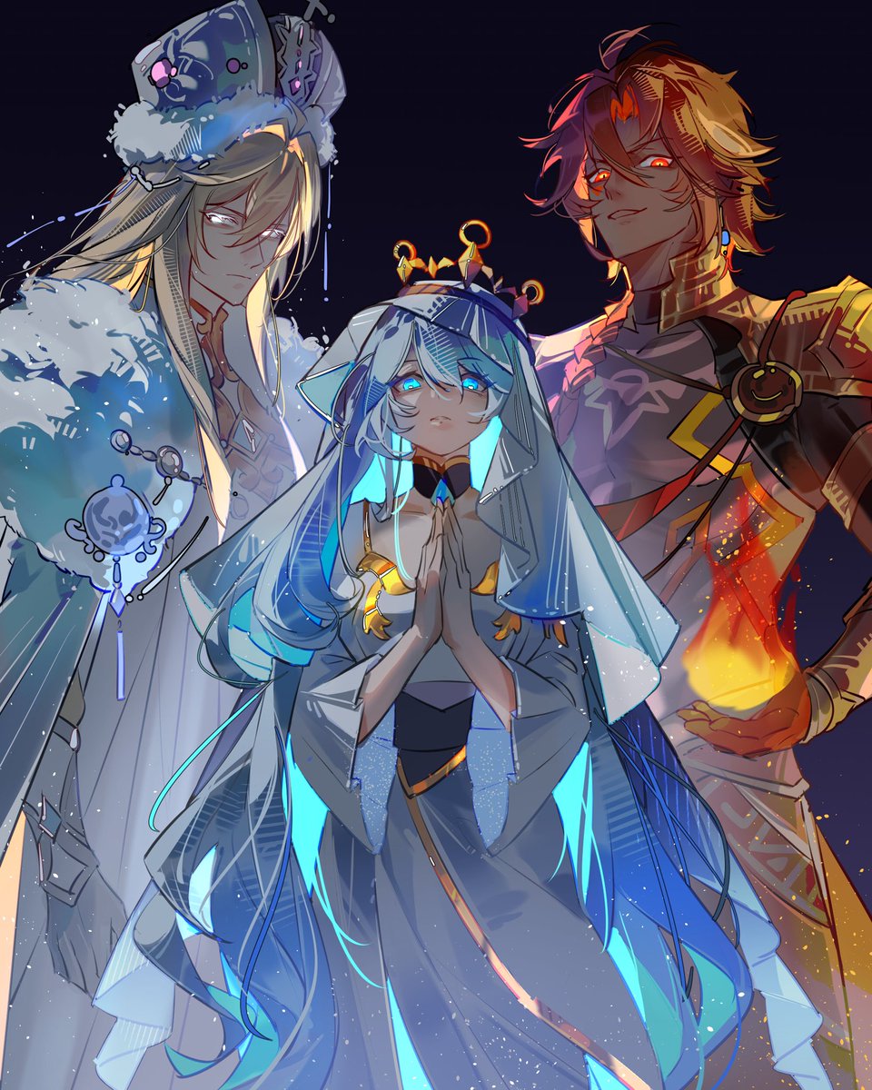 girls881520's tweet photo. I drew the original Hydro, Pyro, and Cryo Archons!
#genshinimpact 
gift code:YOALM27HLJA1 https://t.co/biCUZeNTeG