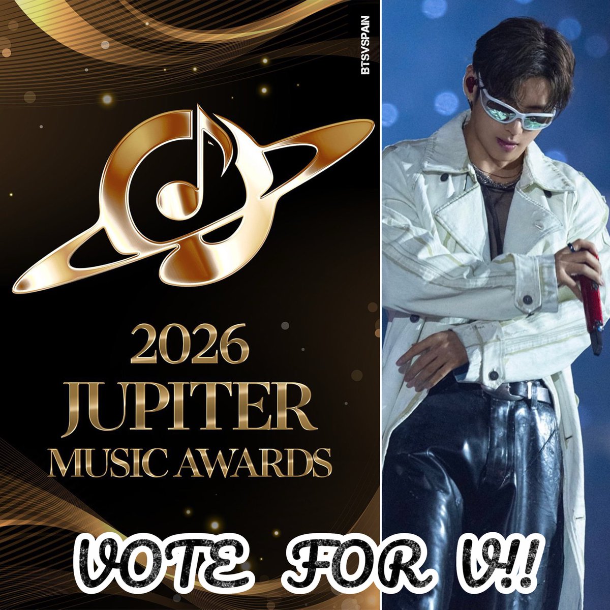 BTSVSpain's tweet photo. 📢 📢 VOTACIÓN FINAL para #V en los JUPITER MUSIC AWARDS (JMA) 2026!!

🗓️🔚 16 de septiembre
✅ Votación ilimitada 

🗳️ IDOLCHAMP🥇https://t.co/Jww5Cduzc9
🗳️ MY1PICK🥇https://t.co/TB19GrF2uC 
🗳️ MUBEAT🥇https://t.co/fWB5ZGDshO 
🗳️(FANCAST) COOGING 🥇https://t.co/ub7WJ51IMW 
🗳️ MUNIVERSE🥇 https://t.co/eJ5CiRJptj 

Final Winner Benefits:
▪️JMA 2026 Red Carpet, Stage Performance & Trophy 
▪️SNS promotion a través de Asian Television Awards 
▪️Apariciones en TV, streaming en la ceremonia de premios y entrevistas con medios de comunicación

🎯 Necesitamos mantenernos en el primer puesto en todas las apps para ganar

#VoteForV #JMA2026