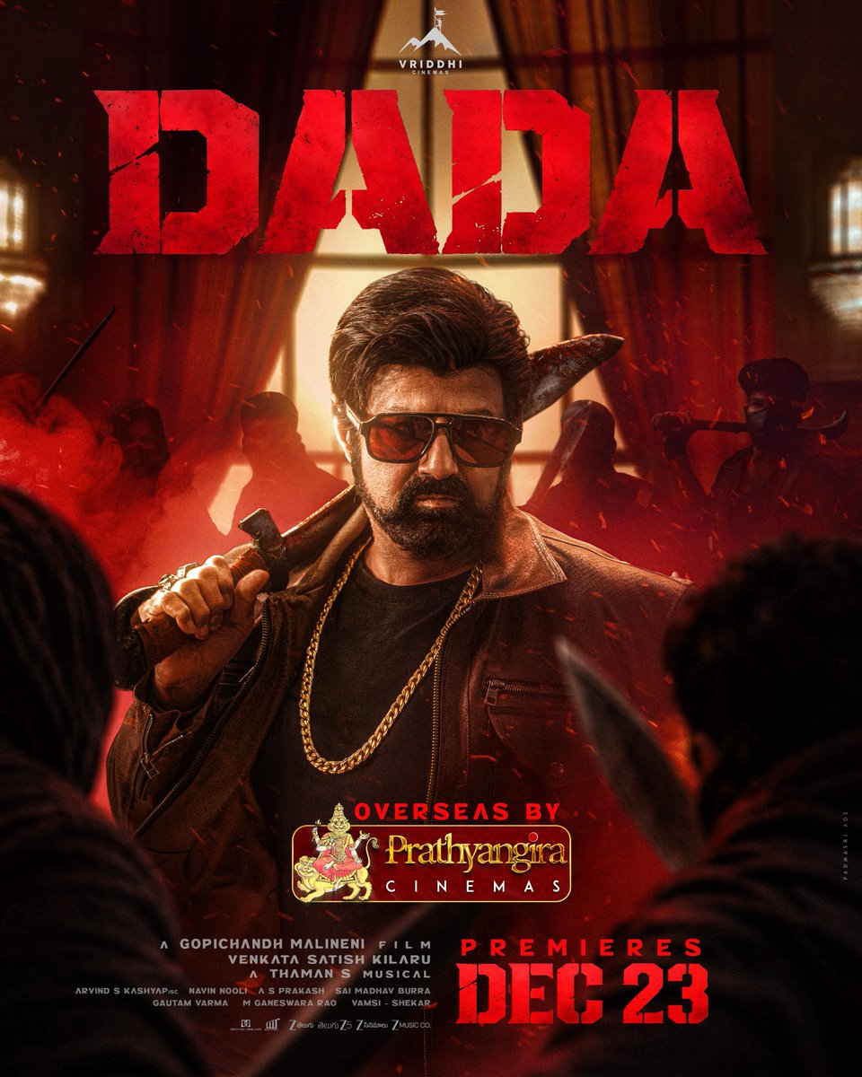 PrathyangiraUS's tweet photo. FOR THE FIRST TIME...

A PROUD COLLABORATION WITH THE GOD OF MASSES #NBK GARU ❤️‍🔥

Introducing A NEW BRAND OF MASS With #DADA 💥🔥

OVERSEAS BY @PrathyangiraUS, Premieres On DECEMBER 23 🧨

Our heartfelt thanks to @Venkataskilaru @vriddhicinemas ❤️ 

GOD OF MASSES #NandamuriBalaKrishna @heromanoj1 @MsKajalAggarwal @megopichand @musicthaman #ArvindKashyap @NavinNooli #AsPrakash #SaiMadhavBurra @NBKisDADA @zeestudiossouth