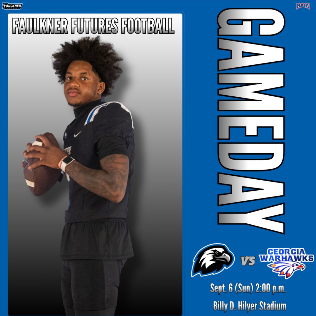FaulknerATHL's tweet photo. The Futures are back! 

Faulkner Futures Football kicks off the 2026 season this Sunday against the Georgia Warhawks!

📍 Billy D. Hilyer Stadium
⏰ 2:00 p.m.

📺 https://t.co/mgmXO6ABVr
📊 https://t.co/bEL7xRQ9Ri https://t.co/XrDJ8L5rQf