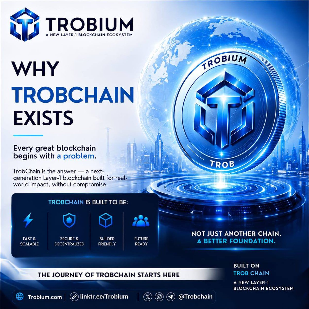Trobium's tweet photo. Every great blockchain begins with a problem.
TrobChain begins with the ambition to solve it.

Built as a next-generation Layer-1 blockchain ecosystem focused on performance, security, decentralization, builders, and real-world impact.

⚡ Fast &amp; Scalable
🛡️ Secure &amp; Decentralize https://t.co/H5sUaVf8Qr