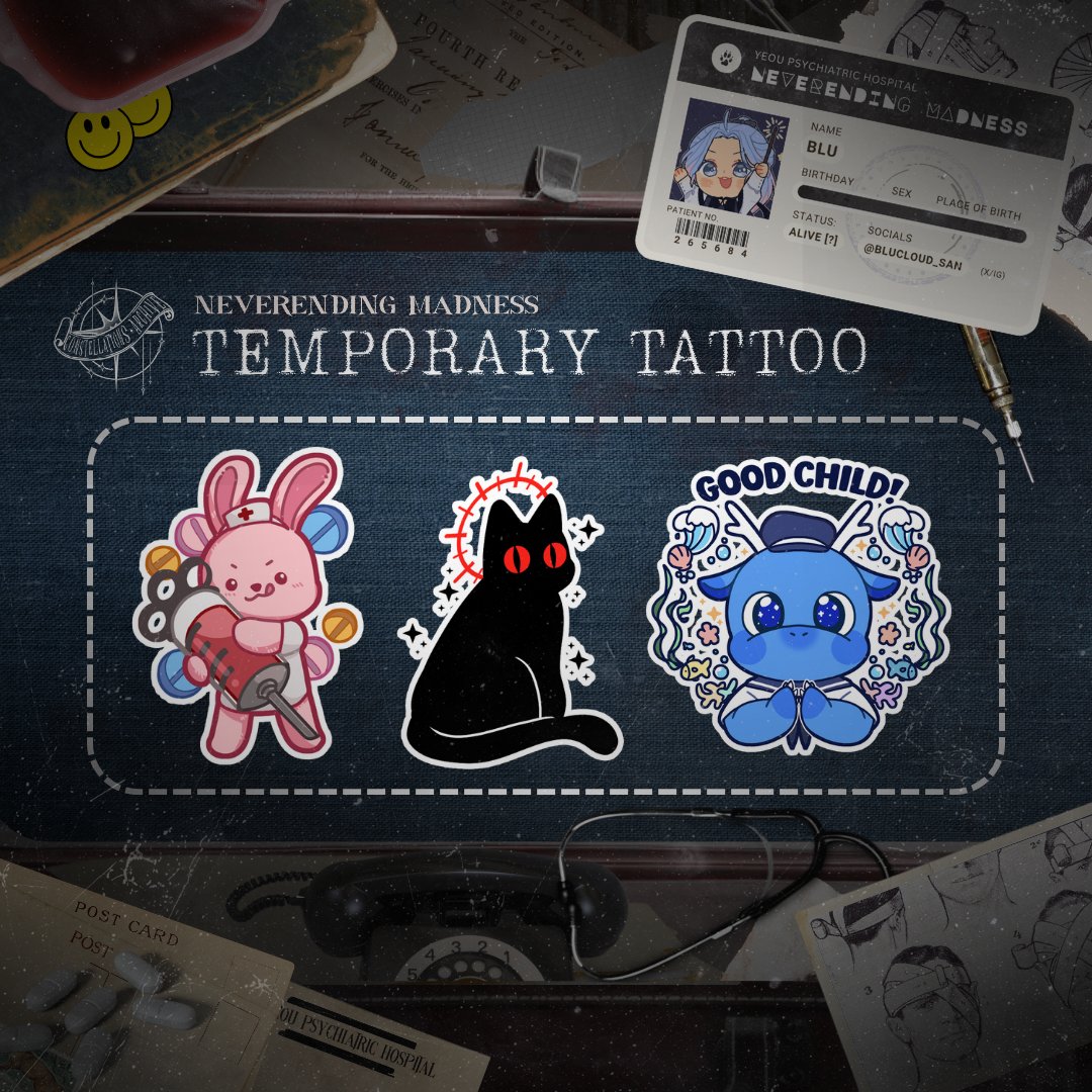 CNSTLTN_Archive's tweet photo. 💊 Neverending Madness: A GSGW Halloween CSE 💉

Yeou Psychiatric Hospital Product Showcase:
💉 Temporary Tattoos 💊

Art by @blucloud_san 

Onsite Registration:
https://t.co/7dSouo1kGA

Dr. Coffee, Cebu💉10.17.26
#GDCG #괴담출근 https://t.co/Em8bfK9CLF