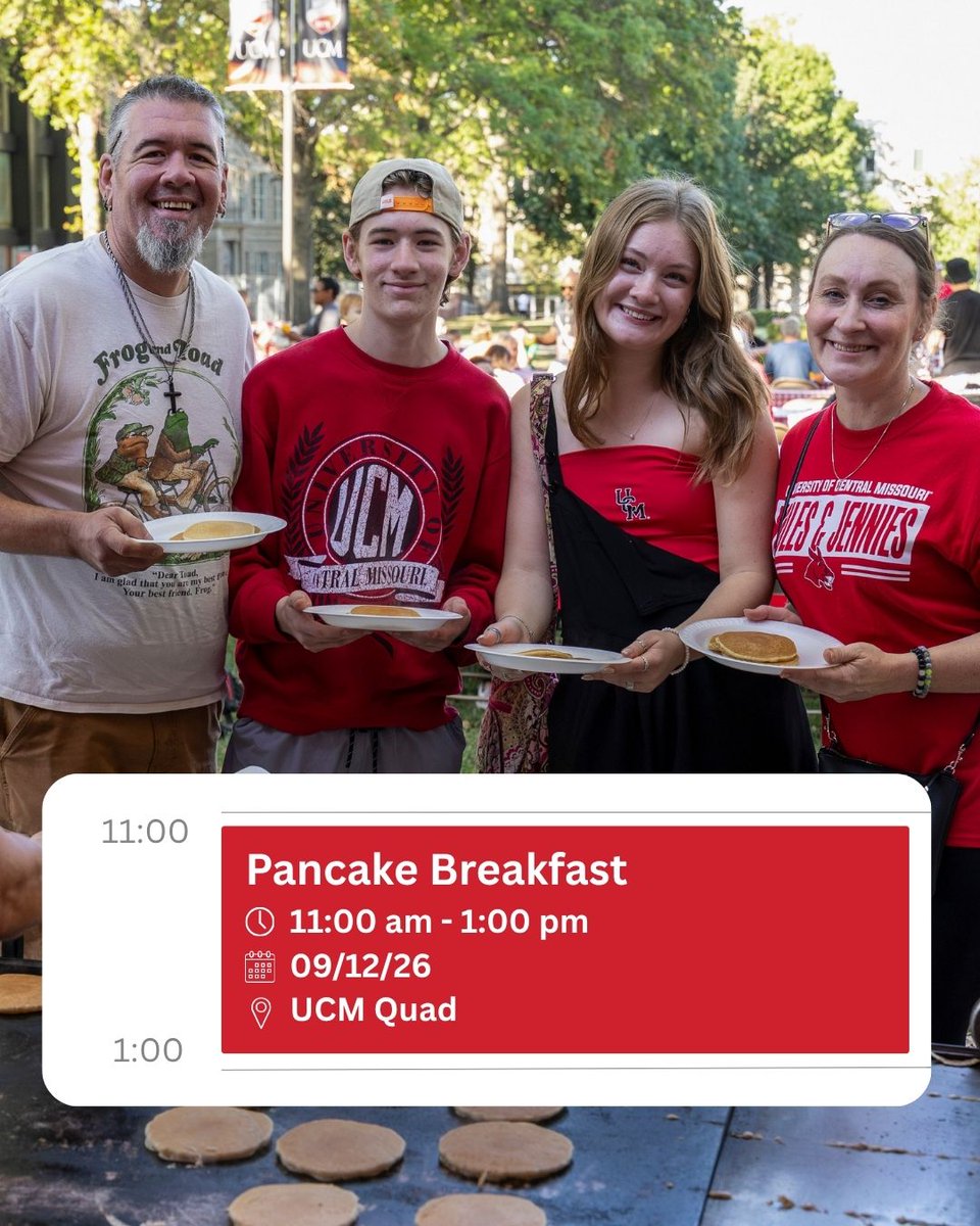 Event graphic for Pancake Breakfast on 09/12/26 from 11:00 am to 1:00 pm at the UCM Quad. Photo shows a family of four smiling outdoors in UCM gear while holding plates of pancakes.