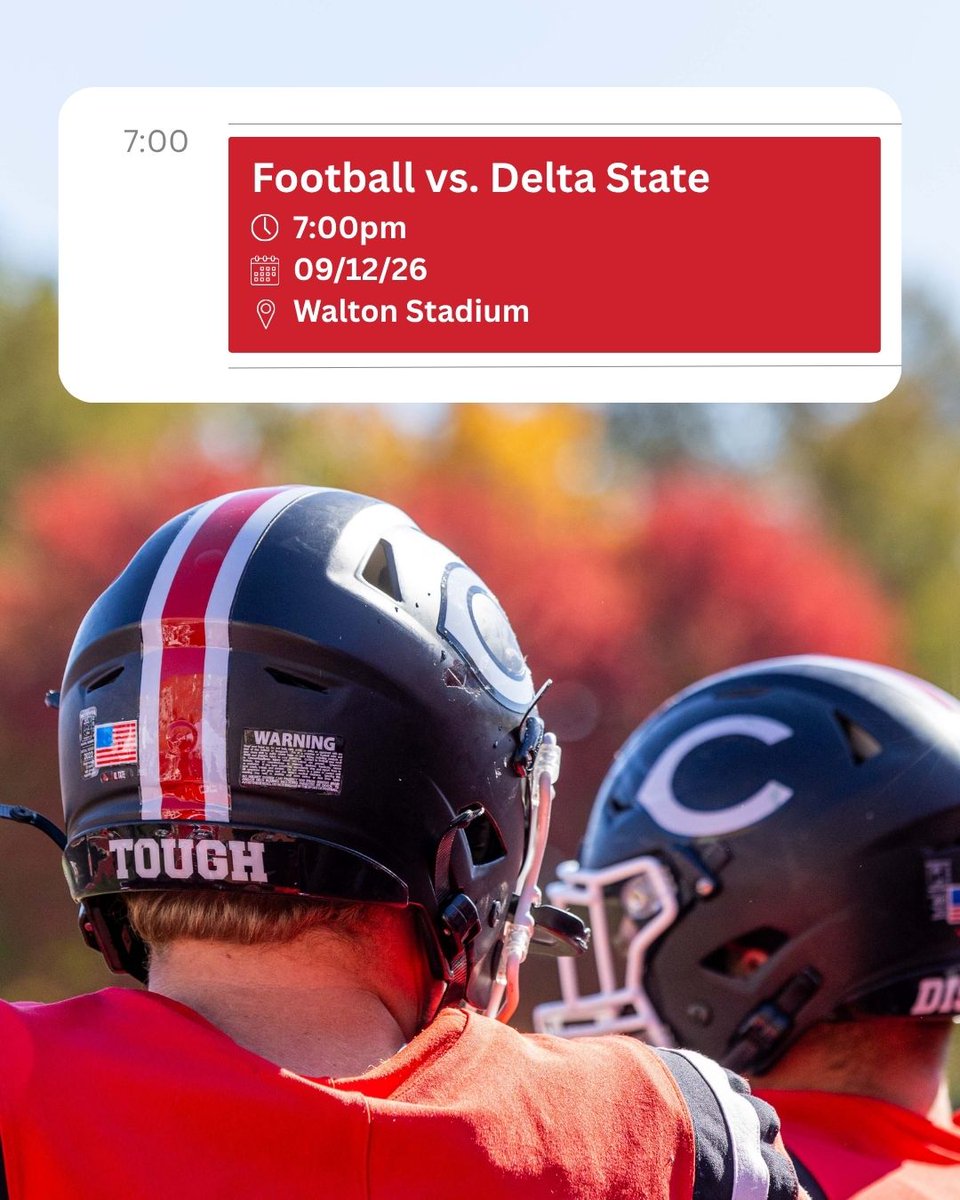 Event graphic for Football vs. Delta State on 09/12/26 at 7:00 pm at Walton Stadium. Background features a close-up of football players on the field wearing black helmets and red jerseys.