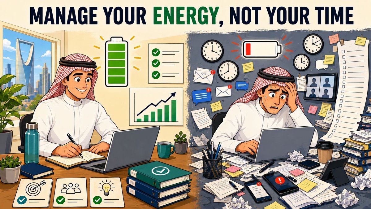 AhShamrani's tweet photo. إدارة طاقتك أهم من إدارة وقتك، فالوقت ثابت، لكن قدرتك على استثماره تعتمد على طاقتك. من دونها يتراجع التركيز ويزداد التوتر، فتتحول كثرة المهام إلى انشغال بلا إنجاز. https://t.co/ipBnWa8Xz5