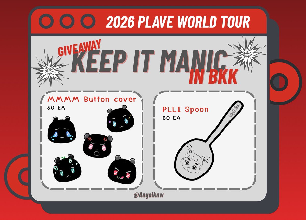 AngelKnw's tweet photo. ୧ʕ•° GIVEAWAY °•ʔ୨ 

2026 PLAVE World Tour
[Keep It Manic] in Bangkok

🎟️ IMPACT Arena, Bangkok
🗓️ 2026.10.10
⏰ TBA

มารับกันเยอะ ๆ นะคะ 💙💜💗❤️🖤

#2026_plave_world_tour_in_bangkok
#keep_it_manic_in_bangkok
#plliมาแจก https://t.co/s1qTZZF7Yq