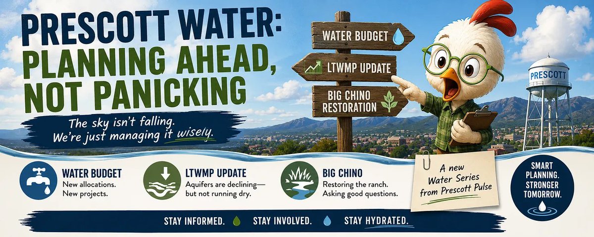 prescottpulse's tweet photo. City of Prescott Water Issues Subcommittee July, August, September 2026 Meetings Report | The Sky Isn’t Falling—But There’s Plenty to Dig Into

What is our Water Issues Subcommittee talking about and approving? The members of the subcommittee are: Mayor Cathey Rusing, and council members Lois Fruhwirth and Jim Garing. To see upcoming agendas for Water Issues subcommittee meetings, go to this City of Prescott webpage, and click on the date you want. Here you will find the agenda, meeting ”packet” and minutes if you go to a past meeting. Meeting packets include all slides shown by presenters at the meeting.

New water allocations, long-range aquifer modeling and activity at Big Chino
Just when you thought it was safe to escape Prescott’s groundwater conversations, they suck you back in. The short version? The sky isn’t falling!

The longer version is considerably more interesting—and it has uncovered enough new questions about groundwater, growth, Big Chino Water Ranch and outside conservation organizations that Prescott Pulse is launching a new Water Series.

Water Budget: What Prescott Allocated
The July 7 WIS report closed out Prescott’s January–June Water Budget. The City started the period with 25 acre-feet (AF) available for residential development and another 25 AF for non-residential development.

Residential approvals used 11.93 AF, leaving 13.07 AF.

Smaller non-residential projects used 8.39 AF, leaving 16.61 AF.

Another 14.62 AF serving 86 residential units moved forward under existing contracts or entitlements and was tracked separately from the regular Water Budget.

Deep Well Commercial Development — Jenna Lane/Hwy. 89: 27.9 AF. The City’s tracking sheet specifically says that 27.9 AF does not come out of the regular Water Budget.

The July 1–December 31 budget started the clock again with another 25 AF residential and 25 AF non-residential.

According to the September 1 WIS documents: No residential allocations had been approved as of August 20. Five smaller commercial projects had used only 2.15 AF, leaving 22.85 AF available.

Willow Creek Road and Haas Boulevard: a proposed 50-acre mixed-use development with retail, senior living, hotel, medical uses and residential development. City staff estimated total water demand at 120.29 AF per year. The property has an existing agreement for 60 AF, but City legal counsel said the proposed change in use could eliminate that entitlement. WIS tabled the application for additional work rather than recommending approval.

Dignity Health/YRMC Deep Well Ranch Campus: a phased healthcare development on approximately 16.25 acres that could eventually reach 150,000 square feet. City staff estimated total water demand at 18.02 AF per year, enough to require an appeal of the Water Budget’s 50% rule. WIS recommended the project move forward to Council.

Neither application provided in the WIS materials states a final requested AF allocation.

Long Term Water Management Plan (LTWMP): Declining Doesn’t Mean Disappearing
On August 11, City Council got its first substantial look at groundwater modeling being developed for Prescott’s Long-Term Water Management Plan.

Near the Little Chino Wellfield, monitoring shows the deeper aquifer used by City production wells declining about 0.9 feet per year. Consultants described the broader Little Chino decline as roughly one foot annually (a very small amount), with somewhat larger drawdowns nearer Prescott Valley’s wellfields.

But groundwater doesn’t behave uniformly across the basin.

Near the Airport Wellfield, deeper monitoring wells are declining while some shallow wells have actually risen, which consultants attribute to recharge at Prescott’s underground storage facility.

Now for the number that puts the Chicken Little version of Prescott’s water story into perspective.

The model estimates roughly 450 feet of saturated aquifer thickness beneath both City wellfields under baseline conditions. Over the next 50 years, preliminary modeling projects approximately:

• 80 feet of decline at the Chino Wellfield

• 40 feet of decline at the Airport Wellfield

Those numbers matter. They demand management and planning. But they do not describe an aquifer about to run dry.

And the projections aren’t fortune telling. Consultants caution that modeled water levels can differ from measured conditions by as much as 100 feet at some locations. Future studies will address the much more practical issue: how declining water levels could eventually affect the City’s ability to produce water from its wells.

The model also assumes growth. It increases pumping from existing Chino Valley and Prescott Valley municipal wells 2% annually and assumes approximately 6,900 exempt wells use half an acre-foot each per year, with that demand also growing 2% annually.

Change the assumptions and the future changes. The LTWMP will evaluate conservation, infrastructure, additional Airport wells, septic-to-sewer projects, stormwater, the City’s lakes and other options over 10-, 25- and 50-year planning horizons. The City’s stated purpose is to maintain a stable supply for current and future needs—not sound an alarm bell.

And Then There’s Big Chino
Prescott continues to identify the Big Chino Project as part of its long-term water picture. But while researching the LTWMP and September WIS meeting documents, another story emerged.

The City is working with The Nature Conservancy (TNC) on watershed-restoration projects at the City-owned Big Chino Water Ranch. The September 1 presentation discussed channel reconnection, baffles and low-tech restoration intended to change how water moves across portions of the ranch. One proposed channel-reconnection design came with an estimated price tag of more than $3.2 million, prompting TNC and City staff to consider a less expensive hybrid approach combining limited channel reconnection with baffles and other lower-tech restoration methods.

On its face, slowing erosion and keeping water on the landscape sound a lot like traditional good land stewardship.

But TNC isn’t simply an engineering contractor. It is a major environmental organization (which has 100% bought into “Climate Change” narratives) with broader policy goals. TNC Arizona says its projects contribute to organizational United Nations Agenda 2030 Goals (SDG 6.4, 6.5, 6.6) involving freshwater, lands, people and climate adaptation, while its Verde River work seeks to sustain streamflow and replenish aquifers.

That raises questions worth asking, not conclusions worth jumping to.
What exactly is TNC’s role at Prescott’s Water Ranch?

Who pays?

What does Prescott receive?

Could restoration agreements affect future use of the property?

And how do TNC’s broader goals for Big Chino and the Verde intersect with Prescott’s legal right to eventually pump and transport Big Chino groundwater?

Those questions don’t fit neatly into a WIS meeting recap. They deserve their own reporting.

A New Prescott Pulse Water Series
So we’re heading back down the water rabbit hole (you know, Whiskey’s for Drinking, Water’s for Fighting!).

Upcoming installments will dig deeper into what Prescott’s aquifer numbers really mean, what’s actually available at the Big Chino Water Ranch, the agreements governing the Water Ranch, The Nature Conservancy’s growing role in the Big Chino watershed, conservation easements and groundwater restrictions, federal and private funding, and the decades-old relationship among Prescott, Prescott Valley and SRP over the Upper Verde.

Some findings may reassure readers. Others may raise uncomfortable questions. Either way, we’ll follow the documents.

For now, Prescott’s latest groundwater modeling offers a useful starting point: our aquifers require management, but the data don’t show the sky falling.

Chicken Little can stand down. Prescott Pulse, however, is diving deeper!

The next Water Issues subcommittee meeting is scheduled for October 6, 2026.