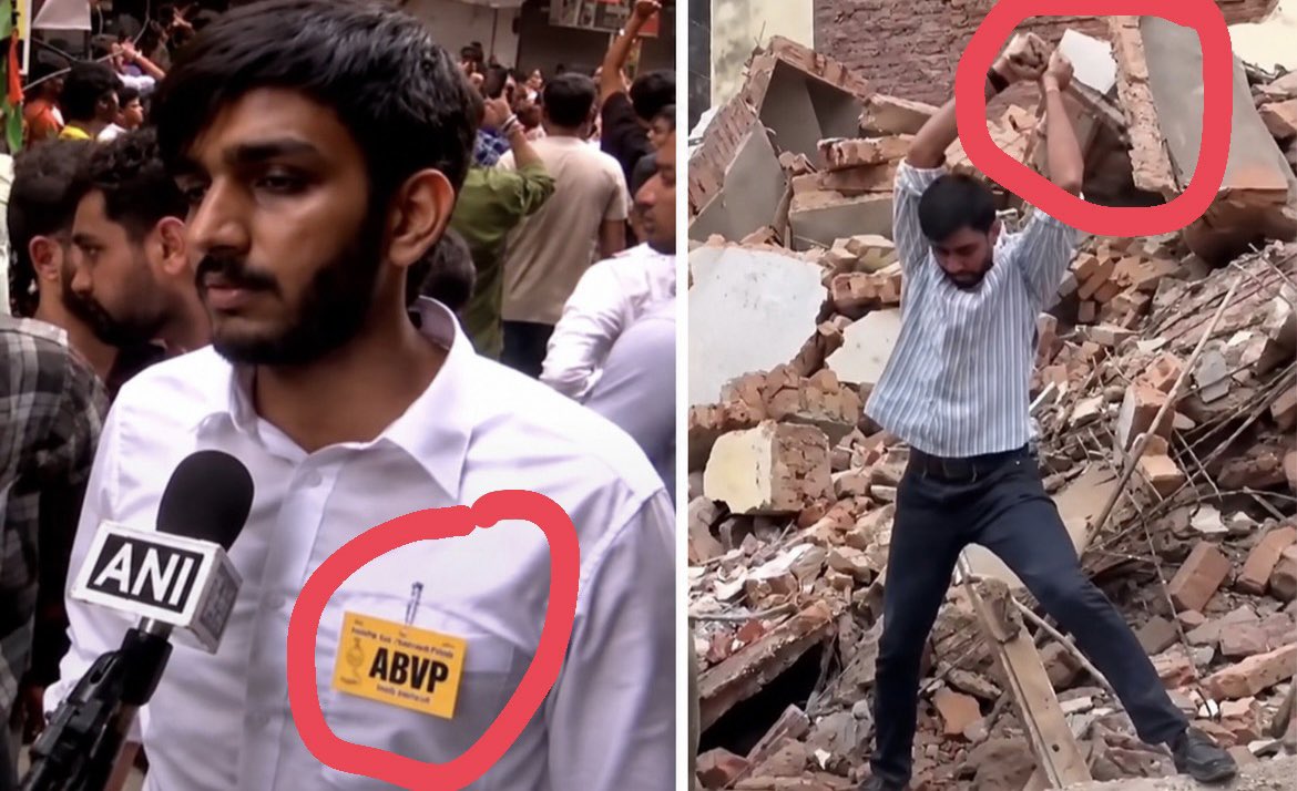 Politicx2029's tweet photo. The difference is clear 🚨

Left: ABVP leader &amp; DUSU President Aryan Maan making reels.

Right: NSUI President Vinod Jhakar himself clearing debris to help rescue students. https://t.co/mUtaRYSPEP