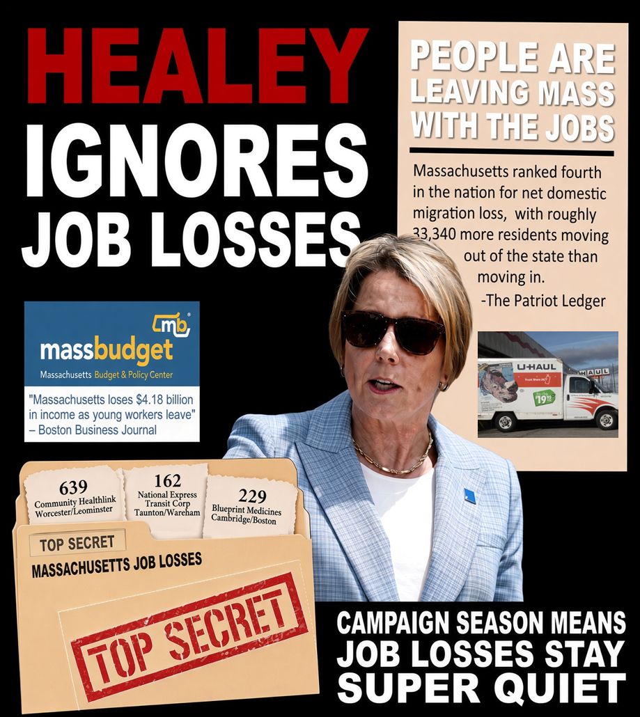 massgop's tweet photo. Healey Hypocrisy: Silent on July/August 1,614 Job Losses
WARN Data Shows Troubling Trend 

Boston, MA – New WARN data shows Massachusetts lost 1,614 jobs in July and August from companies with 50 or more employees.

Under Governor Healey, the state’s business climate has deteriorated, reflected in Boston's office space vacancy rising to 25% from only 5% in 2019. 

Lack of jobs opportunities has also contributed to residents leaving Massachusetts for states with better job and business climates.

"Maura Healey can't ignore the job losses she caused by her taxes and policies, or hide behind any other politician," said Haley Jones, Executive Director of the Massachusetts Republican Party. "And her silence is admission of guilt." 

She concluded, "Mike Minogue is a serious candidate focused on expanding job opportunities for everyone. He knows what it takes to create jobs." 

 These numbers come in compliance with the federal WARN Act, whereas employers must notify the Executive Office of Labor and Workforce Development about a layoff or plant closing. Employers with 50 or more employees must submit a WARN notice. These WARN notices must be submitted at least 60 days prior to the layoff or closing.

###
