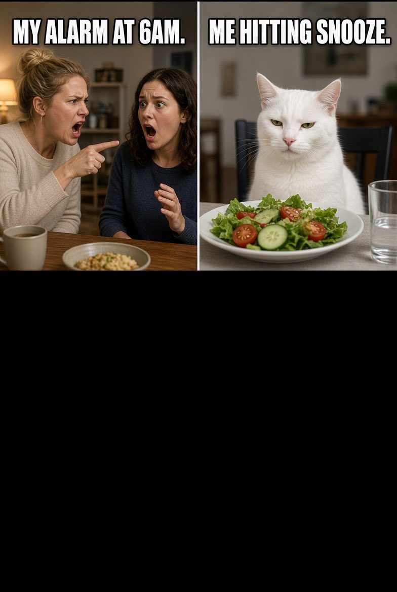 Smokeytime132's tweet photo. Alarm at 6am: screaming
Me: salad-cat energy
#memes #Snooze https://t.co/q1EFuakNIj