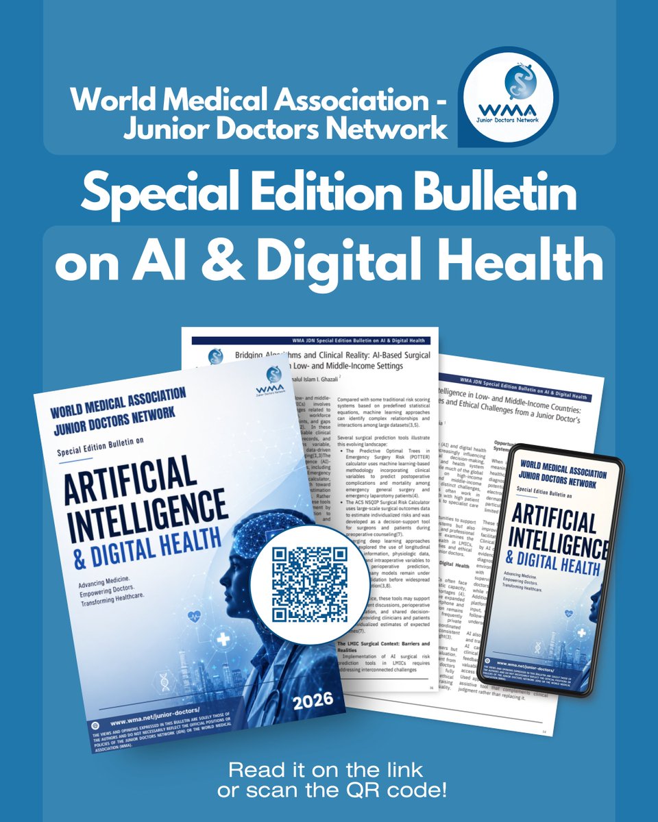 WMAJDN's tweet photo. 🤖The new WMA-JDN Special Edition Bulletin on AI &amp; Digital Health is out!

Explore perspectives from junior doctors worldwide on AI, digital health, medical education, ethics, and global health.

📖 Read it here: https://t.co/1oiZXVpz1O

#AIinHealthcare #DigitalHealth https://t.co/G6rD1izZx8